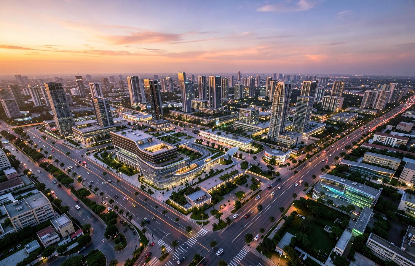 Aerial view of Bharat Future City, Hyderabad at dusk
